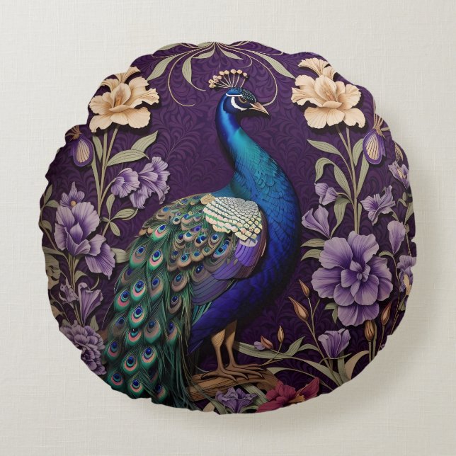 Eleganter Pfau Auf Lila William Morris Inspiriert Rundes Kissen (Vorderseite)