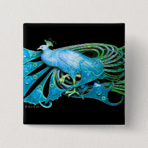 ELEGANTER PFau IN AQUA BLAU TEAL GRÜN, SCHWARZ Button