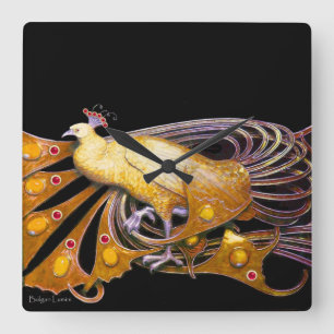 ELEGANTER PFau IN GELB UND SCHWARZ Quadratische Wanduhr