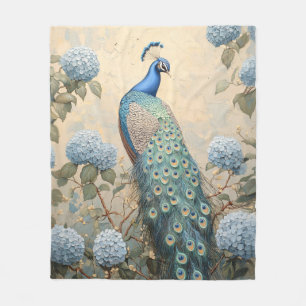 Eleganter Pfau mit blauen Hortensien Ölgemälde Fleecedecke