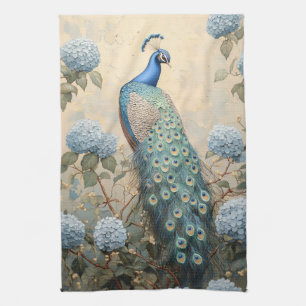 Eleganter Pfau mit blauen Hortensien Ölgemälde Geschirrtuch
