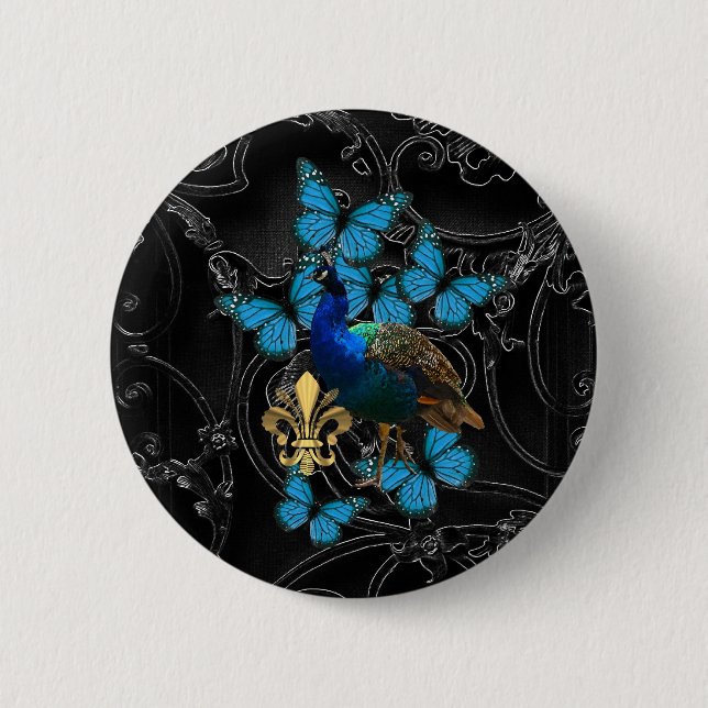Eleganter Pfau und blaue Schmetterlinge auf Button (Vorderseite)