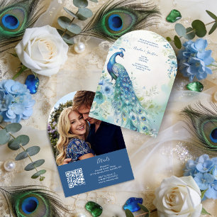 Eleganter Pfauen-Foto-Bogen-Hochzeit QR TLW26 Einladung
