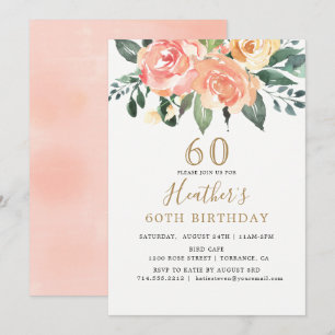 Eleganter Pfirsich-und Goldblumen60. Geburtstag Einladung