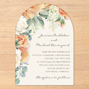 Eleganter Pfirsich-Weiß-Blumen-Eukalyptus-Hochzeit Acryleinladungen
