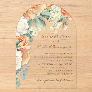 Eleganter Pfirsich-Weiß-Blumen-Eukalyptus-Hochzeit Acryleinladungen