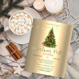 Eleganter Pine Tree, String Lights Gold Weihnachte Einladung