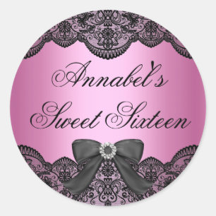 Eleganter Pink & Black Spitzen Sweet 16 Aufkleber