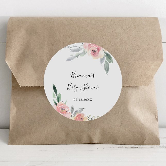 Eleganter Pink Blush Bloral Baby Shower Gefallen Runder Aufkleber (Von Creator hochgeladen)