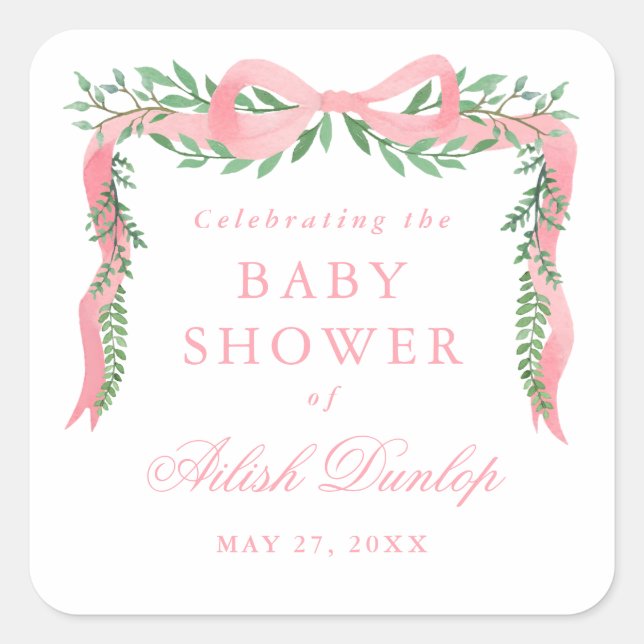 Eleganter Pink Bow mit Greenery Boy Baby Shower Quadratischer Aufkleber (Vorderseite)
