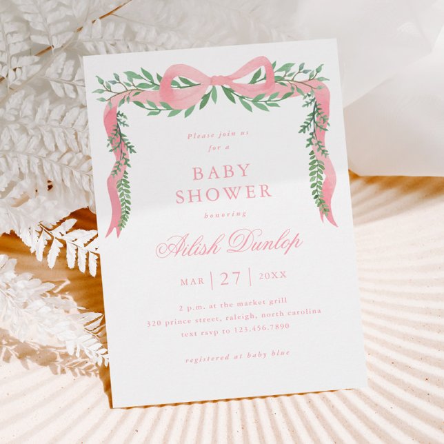 Eleganter Pink Bow mit Greenery Girl Baby Shower Einladung (Elegant Pink Bow Greenery Girl Baby Shower Invitation.)