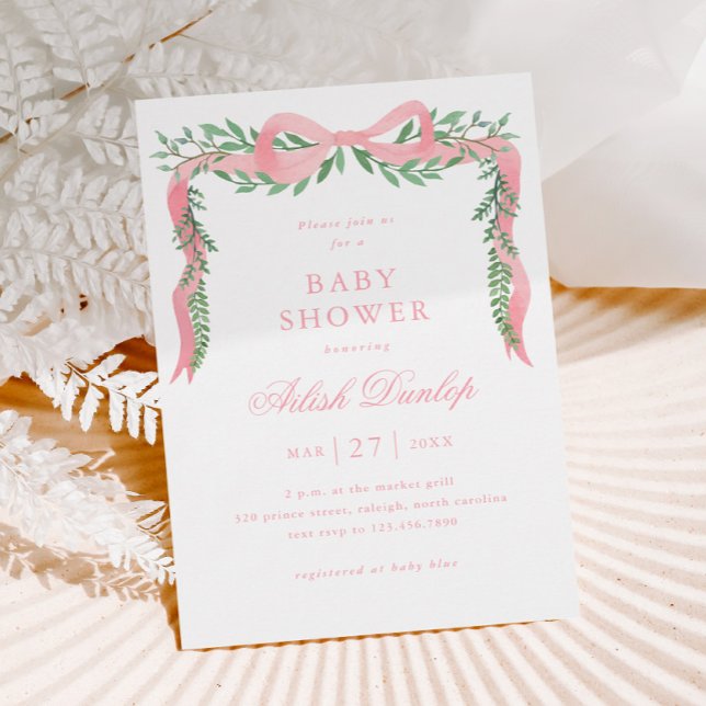 Eleganter Pink Bow mit Greenery Girl Baby Shower Magneteinladung (Elegant Pink Bow Greenery Girl Baby Shower Magnetic Invitation.)