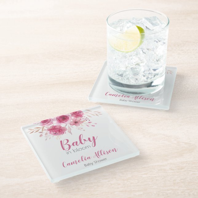 Eleganter Pink Floral Baby Shower Untersetzer (Schrägansicht)