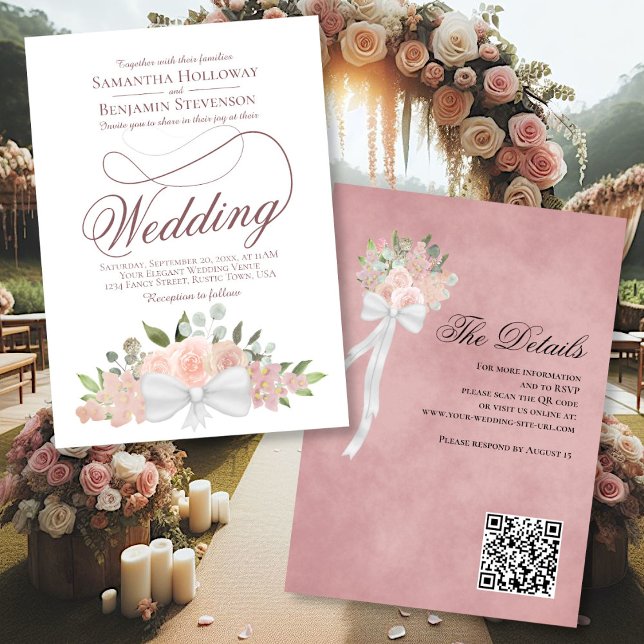 Eleganter Pink Floral Bouquet QR Code Hochzeit Einladung (Von Creator hochgeladen)
