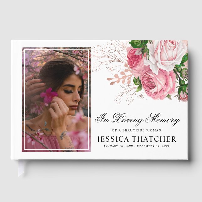 Eleganter Pink Floral Foto Memorial Keepake Gästebuch (Vorderseite)