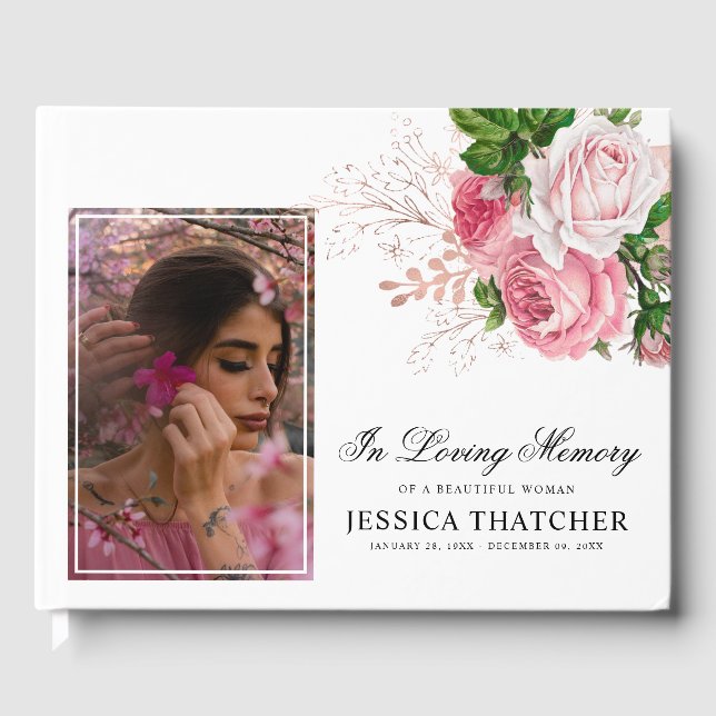 Eleganter Pink Floral Foto Memorial Keepake Gästebuch (Vorderseite)