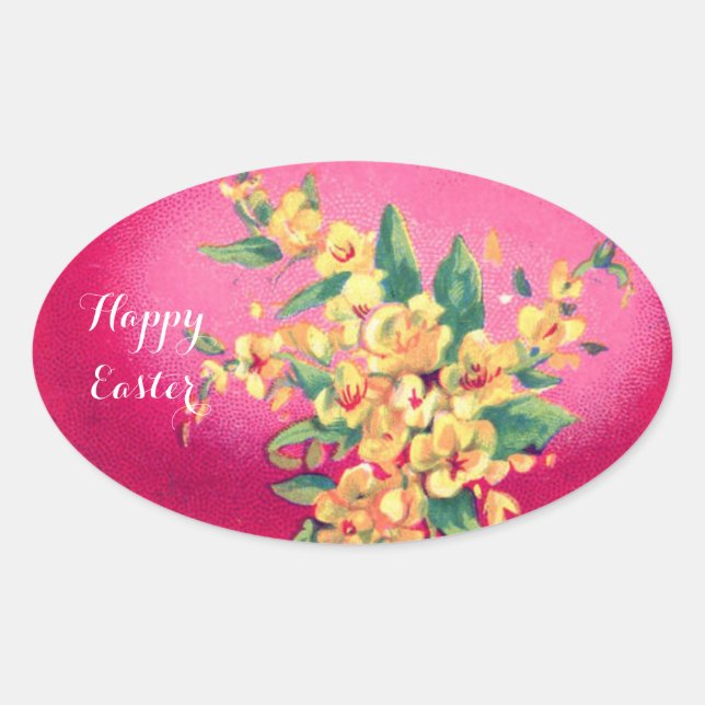 ELEGANTER PINK FUCHSIA EASTER EGG UND GELBE BLUMEN OVALER AUFKLEBER (Vorderseite)