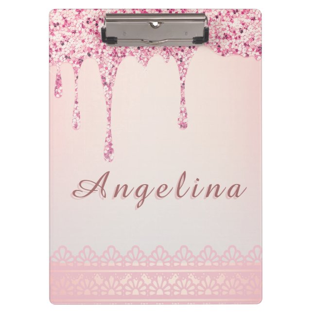 Eleganter Pink Glam Glitzer Tropfen Klemmbrett (Vorderseite)