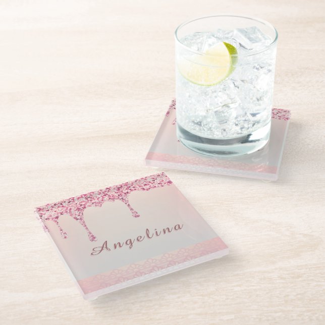 Eleganter Pink Glam Glitzer Tropfen Untersetzer (Schrägansicht)