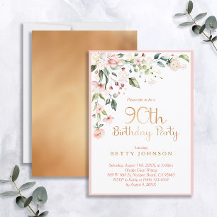 Eleganter Pink & Gold Floral Frauen zum 90. Geburt Einladung