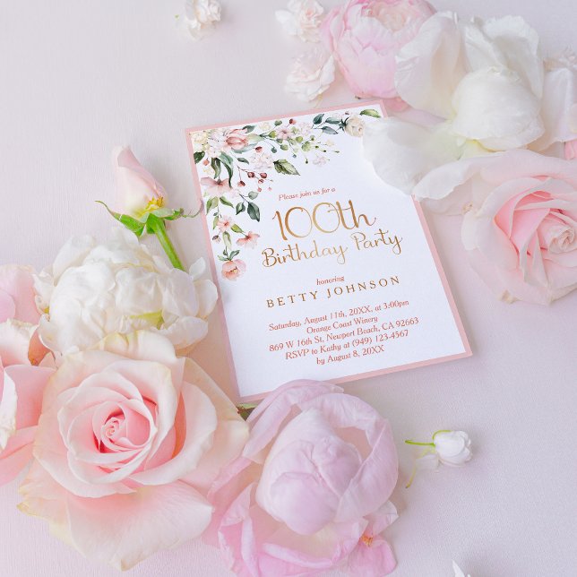 Eleganter Pink & Gold Floral Weibchen 100. Geburts Einladung (Honor a special woman's 100th birthday!)