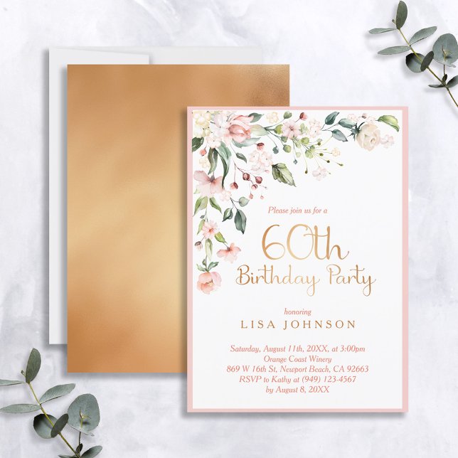 Eleganter Pink & Gold Floral Weibchen zum 60. Gebu Einladung (Von Creator hochgeladen)