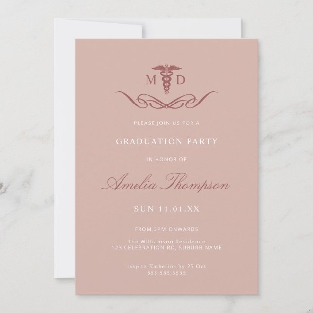 Eleganter Pink Grad Party Medical Doctor Abschluss Einladung (Vorderseite)