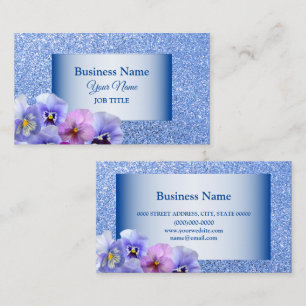 Eleganter Pink Lilac Pansy Floral Blue Glitzer Visitenkarte