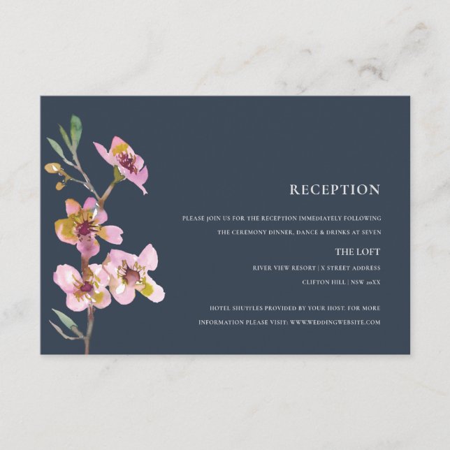 ELEGANTER PINK NAVY CHERRY BLOSSOM FLORAL EMPFANG BEGLEITKARTE (Vorderseite)