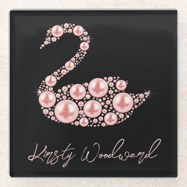Eleganter Pink Pearl Swan auf schwarzem Hintergrun Glasuntersetzer (Vorderseite)