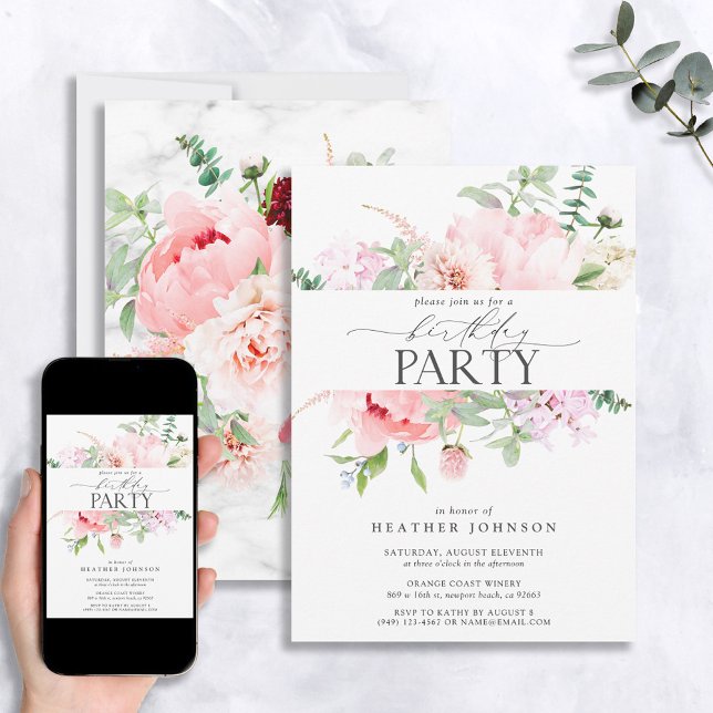 Eleganter Pink Peony Floral Calligraphy Geburtstag Einladung (Von Creator hochgeladen)
