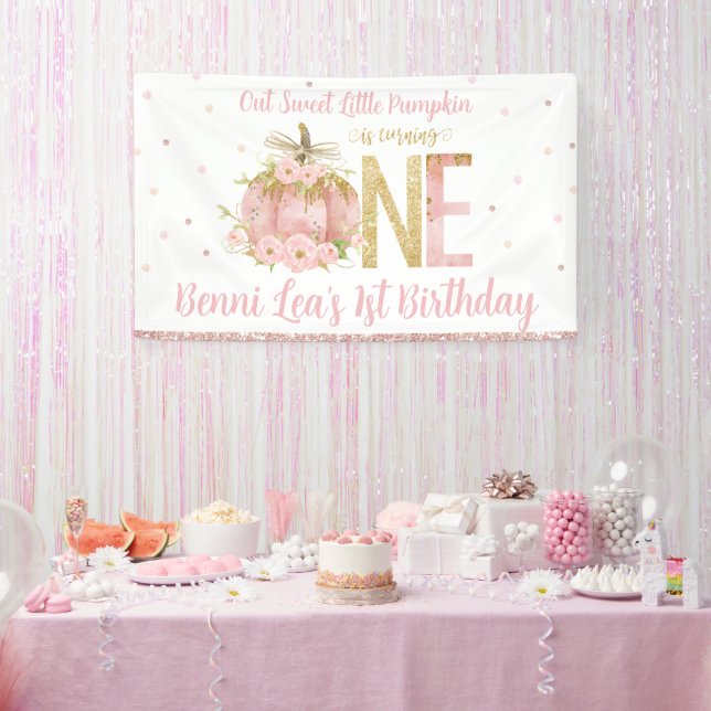 Eleganter Pink Pumpkin 1. Geburtstag 1 Hintergrund Banner (Party)