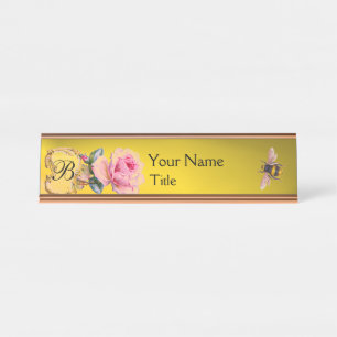 ELEGANTER PINK ROSE UND HONEY BIETEMONOGRAM SCHREIBTISCHNAMENSPLAKETTE