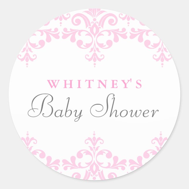 Eleganter Pink & White Damask Babyaufkleber Runder Aufkleber (Vorderseite)