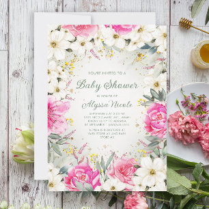Eleganter Pink White Floral Glitzer Baby Shower In Einladung