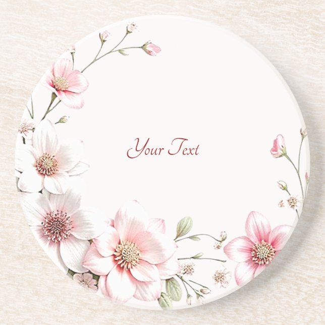 Eleganter Pink White Floral Sandstone Untersetzer (Vorne)