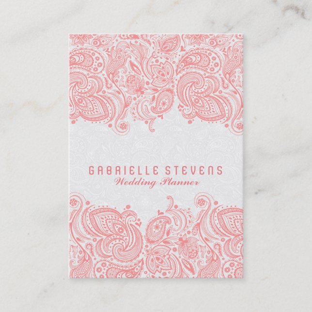 Eleganter Pink & White Paisley Hochzeitsplaner Visitenkarte (Vorderseite)