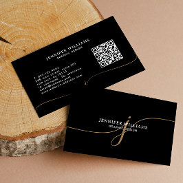 Eleganter Plain Black Gold Schrift Monogramm QR Co Visitenkarte