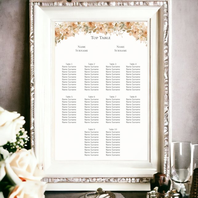 Eleganter Plan für Hochzeitssitze in grüner Pfirsi Poster (Elegant Green Peach Flower Wedding Seating Plan Poster from Ricaso (frame not included))