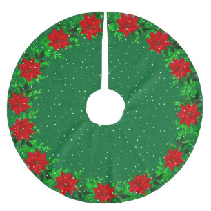 Eleganter Poinsettien-Blumenkranz auf Grün Polyester Weihnachtsbaumdecke