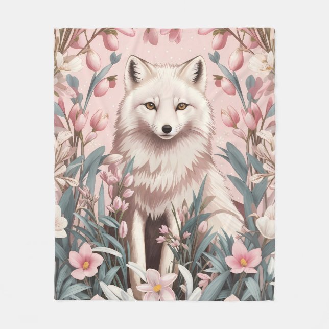 Eleganter Polarfuchs Rosa Blumenmuster Fleecedecke (Vorderseite)