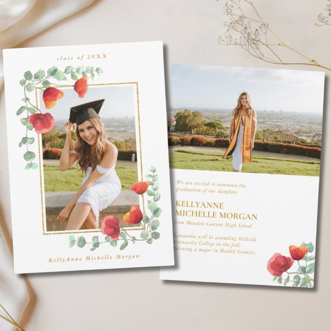 Eleganter Poppy Wasserfarbenflora 2 Foto Abschluss Ankündigung (Elegant Poppy Watercolor Floral 2 Photo Graduation Announcement
)