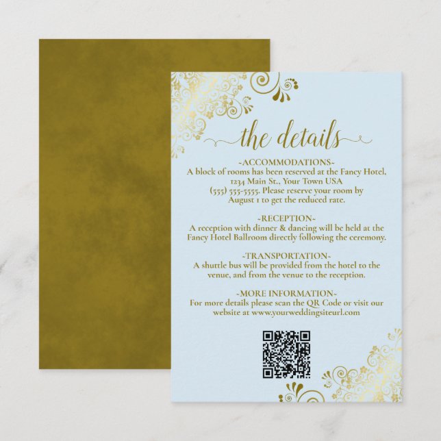 Eleganter Powder Blue & Gold Wedding QR Code Detai Begleitkarte (Vorne/Hinten)