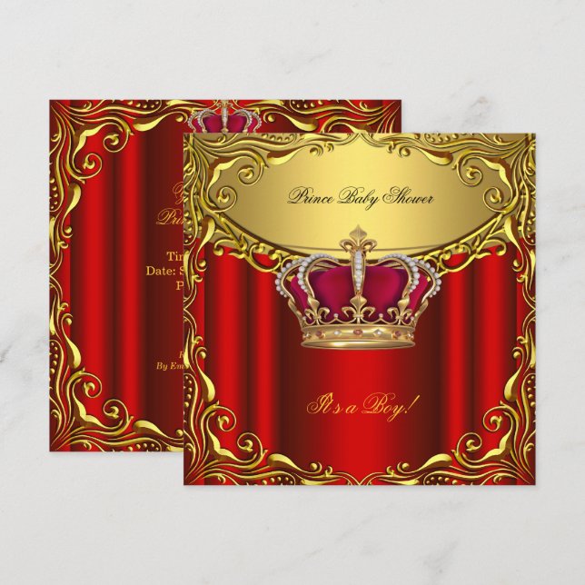 Eleganter Prince Baby Shower Regal Red Gold Boy Einladung (Vorne/Hinten)