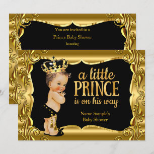Eleganter Prinz Baby Shower Schwarz Gold Brünette Einladung