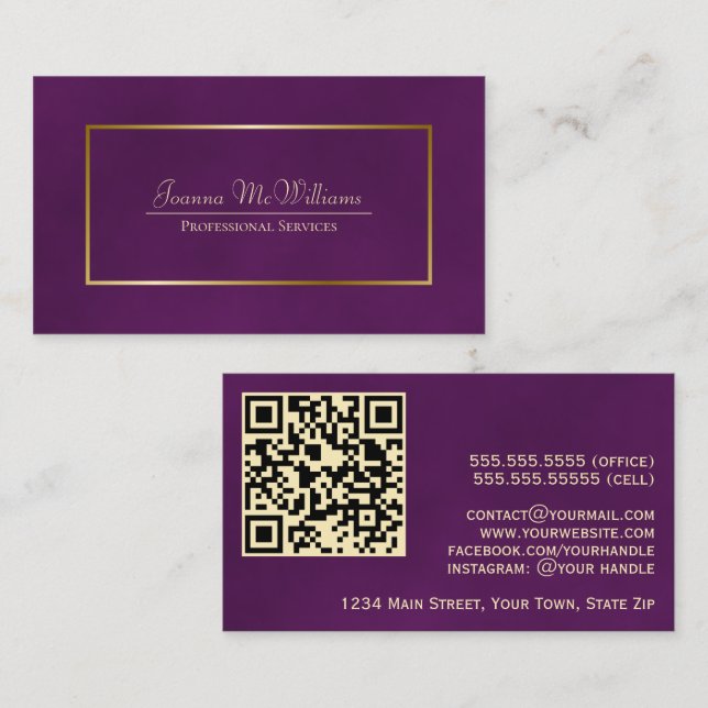 Eleganter Pum Lila & Gold Beruflich QR Code Visitenkarte (Vorne/Hinten)