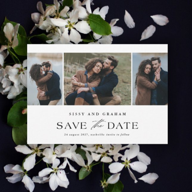 Eleganter QR Code 3 Foto Hochzeit Save The Date (Elegant QR Code 3 Photo Wedding Save the Date Card.)