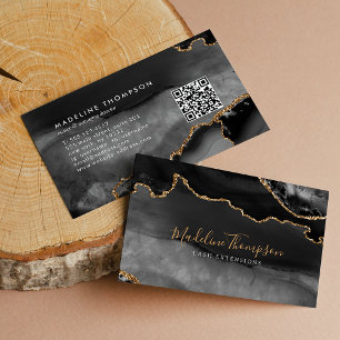 Eleganter QR Code Black Gold Marble Agate Geode Visitenkarte