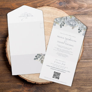 Eleganter QR-Code Blaue Blumen RSVP Online Einfach All In One Einladung