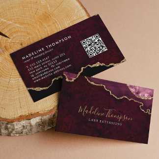 Eleganter QR Code Burgundy Marble Agate Geode Visitenkarte